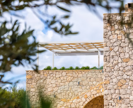 Olivenhaus mit Olivenbaum im Vordergrund