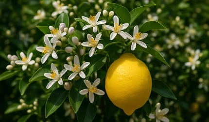 Zitronenblüten mit großer Zitrone